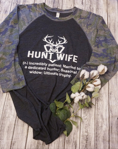 hunt wife definition with deer head in white raglan with heather black body and camo sleeves